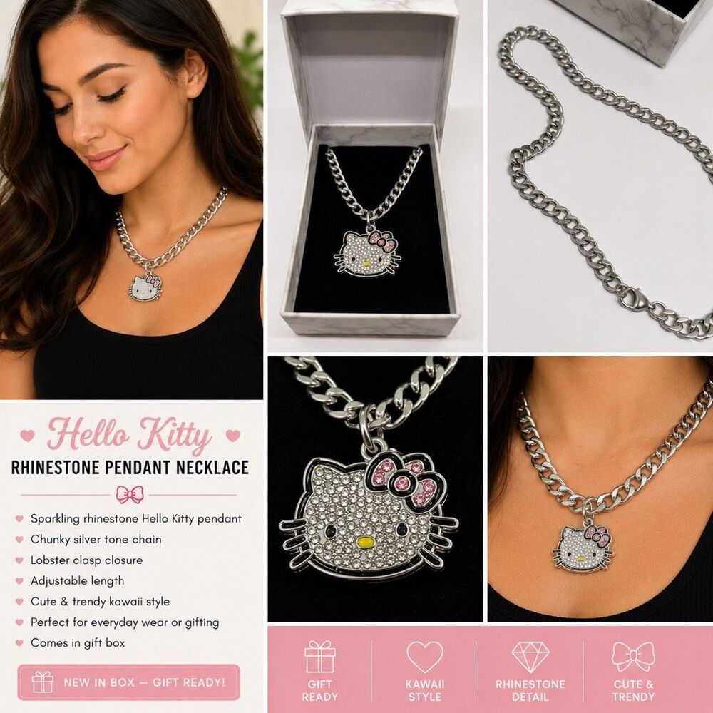 Hello Kitty Rhinestone Pendant Necklace Silver Tone Kawaii Jewelry